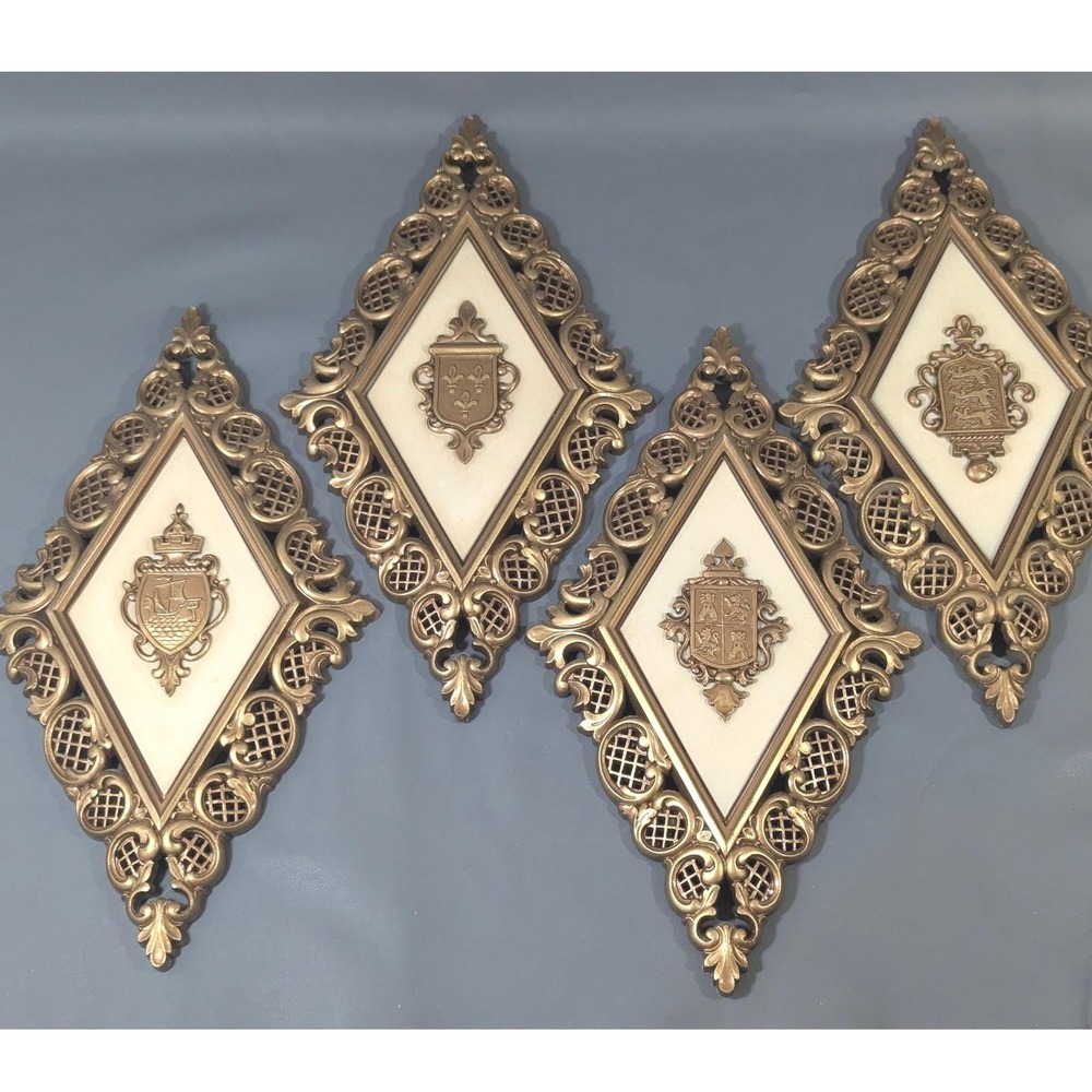 Vintage Burwood Products Gold Heraldic Crest Wall Plaques Set of 4 Diamond 13x8